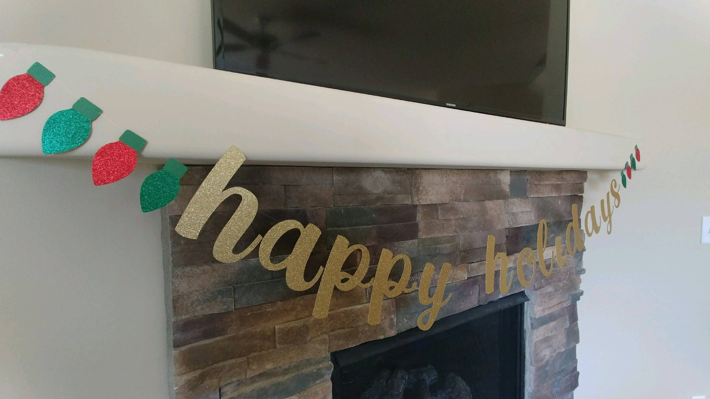 Happy Holidays Banner, Christmas Lights Banner, Glitter Banner, Merry Christmas Banner, Mantel Banner, Happy Holidays, Holiday Party Banner