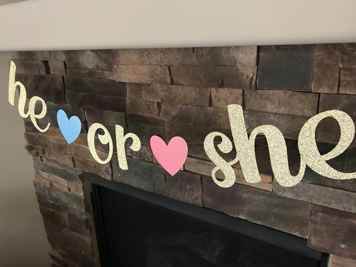 He or she glitter banner, baby shower banner gold, gender reveal party, baby shower decor, baby announcement, boy or girl banner, he or she