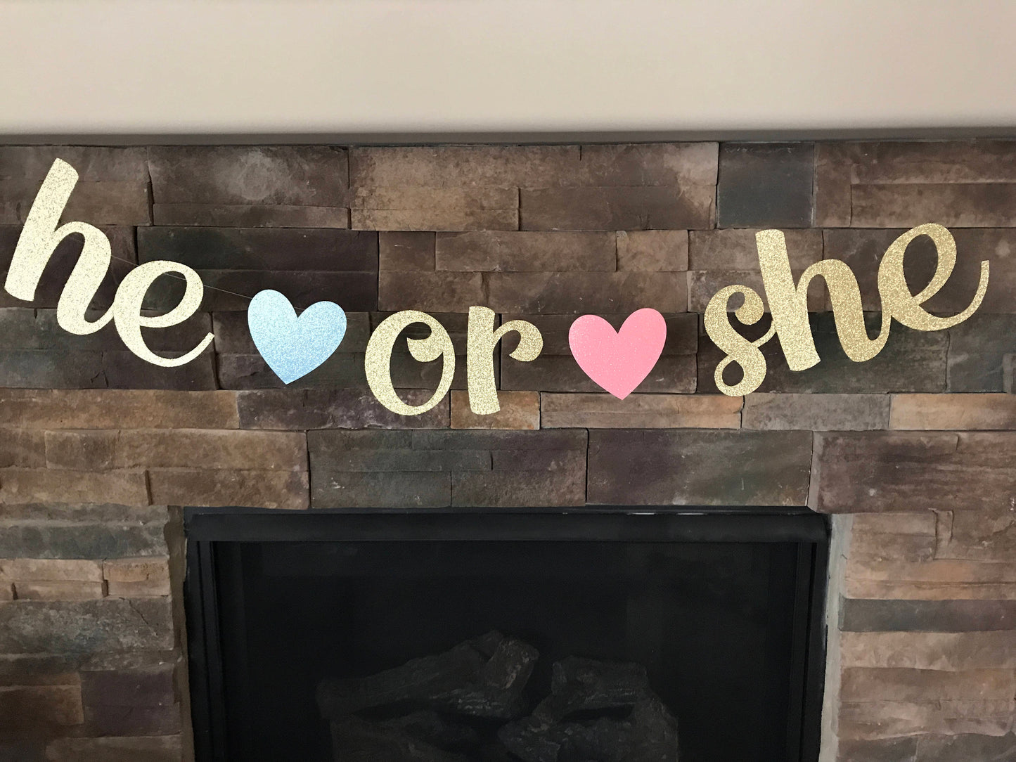 He or she glitter banner, baby shower banner gold, gender reveal party, baby shower decor, baby announcement, boy or girl banner, he or she