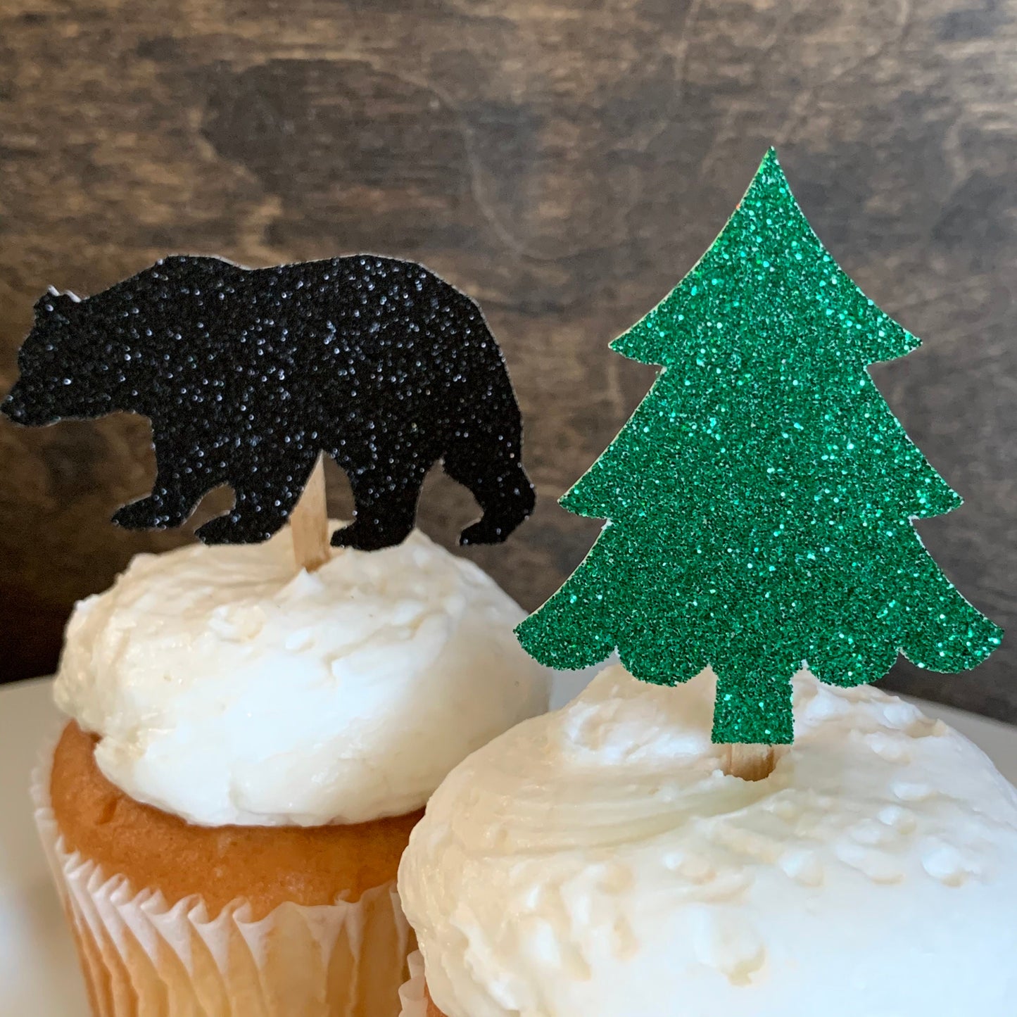 DIY Black Bear and Tree Cupcake Toppers, Lumberjack Food Picks, Woodland Party Decor, Wild One decorations, black bear cupcake toppers