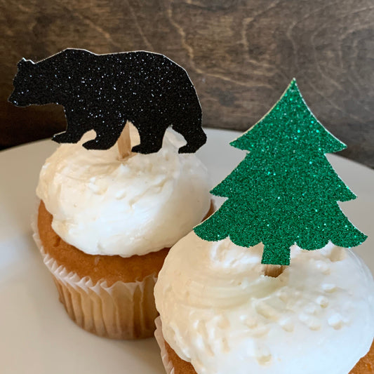 DIY Black Bear and Tree Cupcake Toppers, Lumberjack Food Picks, Woodland Party Decor, Wild One decorations, black bear cupcake toppers