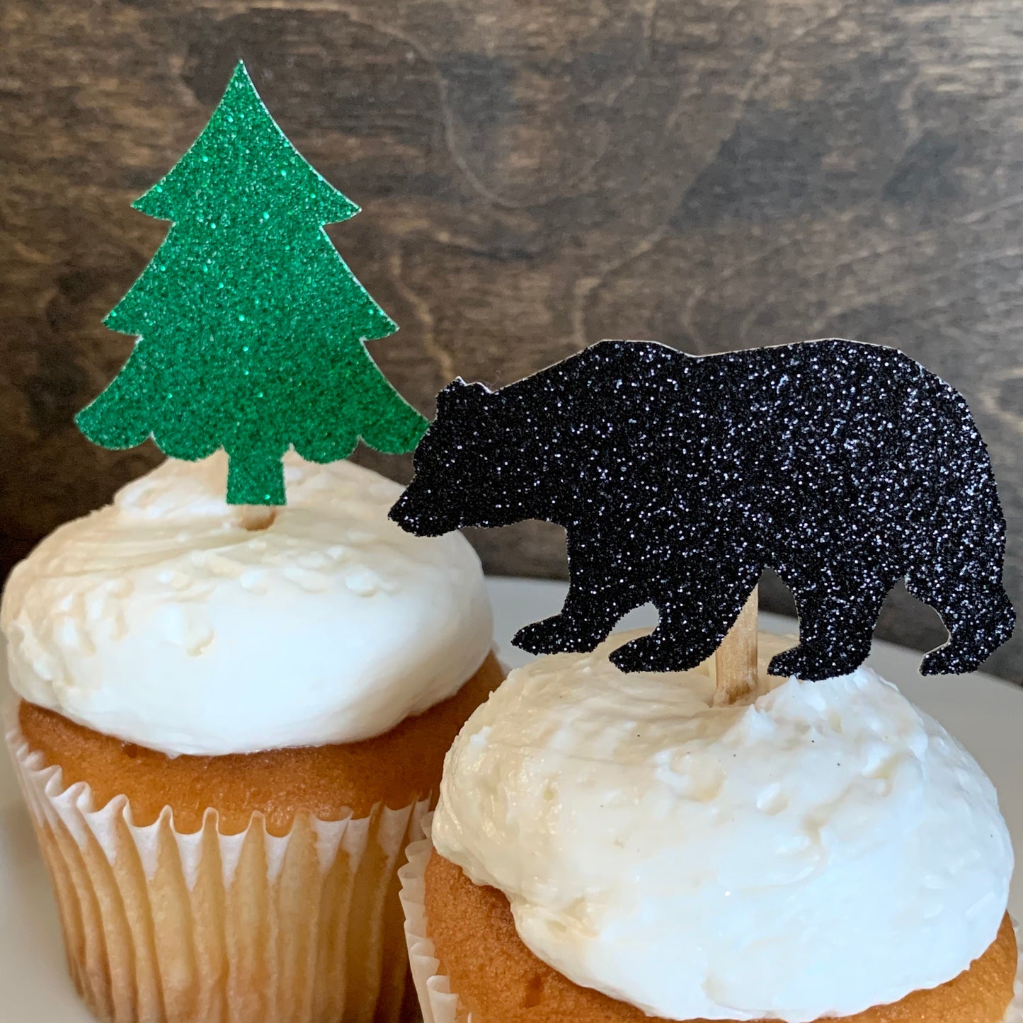 DIY Black Bear and Tree Cupcake Toppers, Lumberjack Food Picks, Woodland Party Decor, Wild One decorations, black bear cupcake toppers