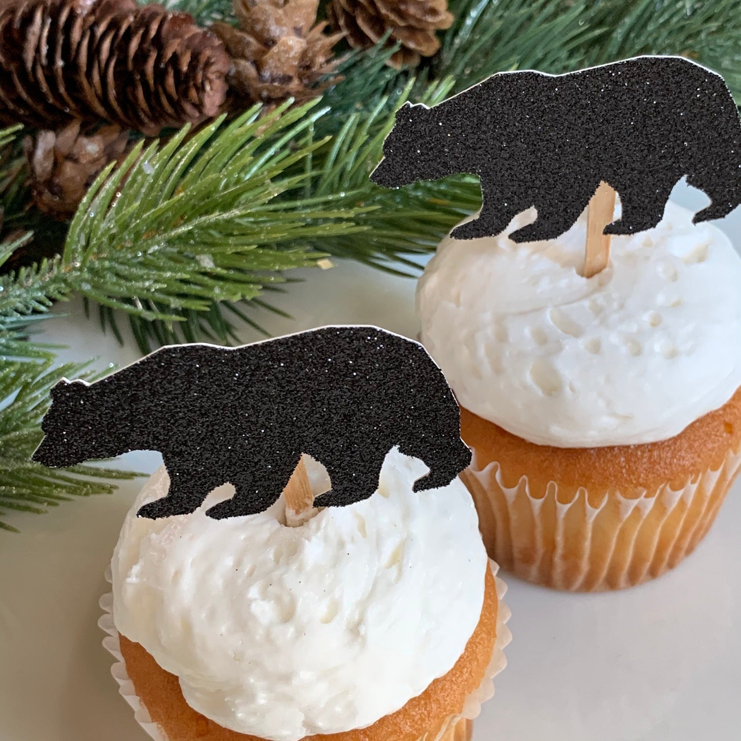 DIY Black Bear and Tree Cupcake Toppers, Lumberjack Food Picks, Woodland Party Decor, Wild One decorations, black bear cupcake toppers