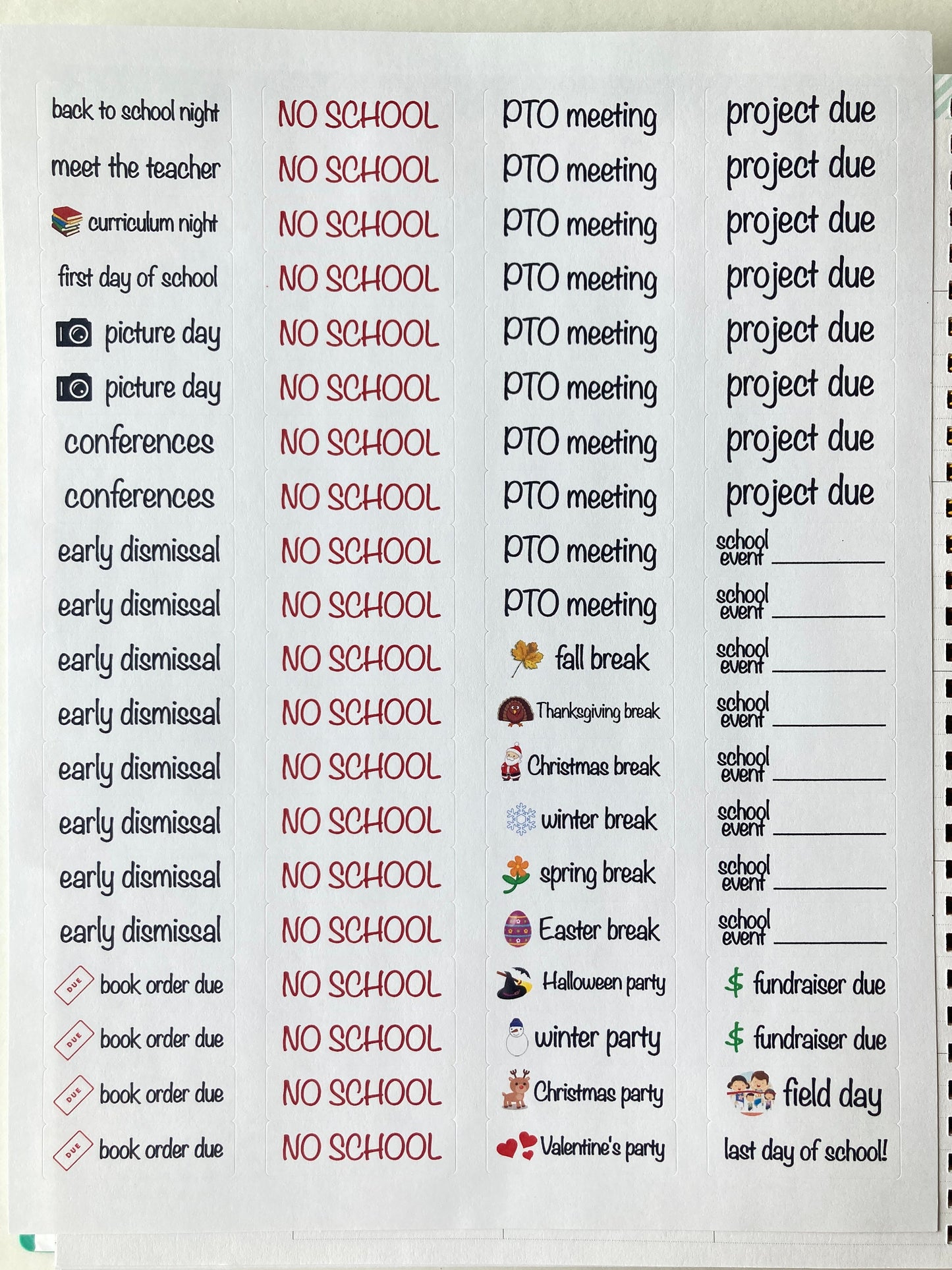 School calendar stickers, School year planner stickers, School events calendar stickers, School year planner stickers, Back to school