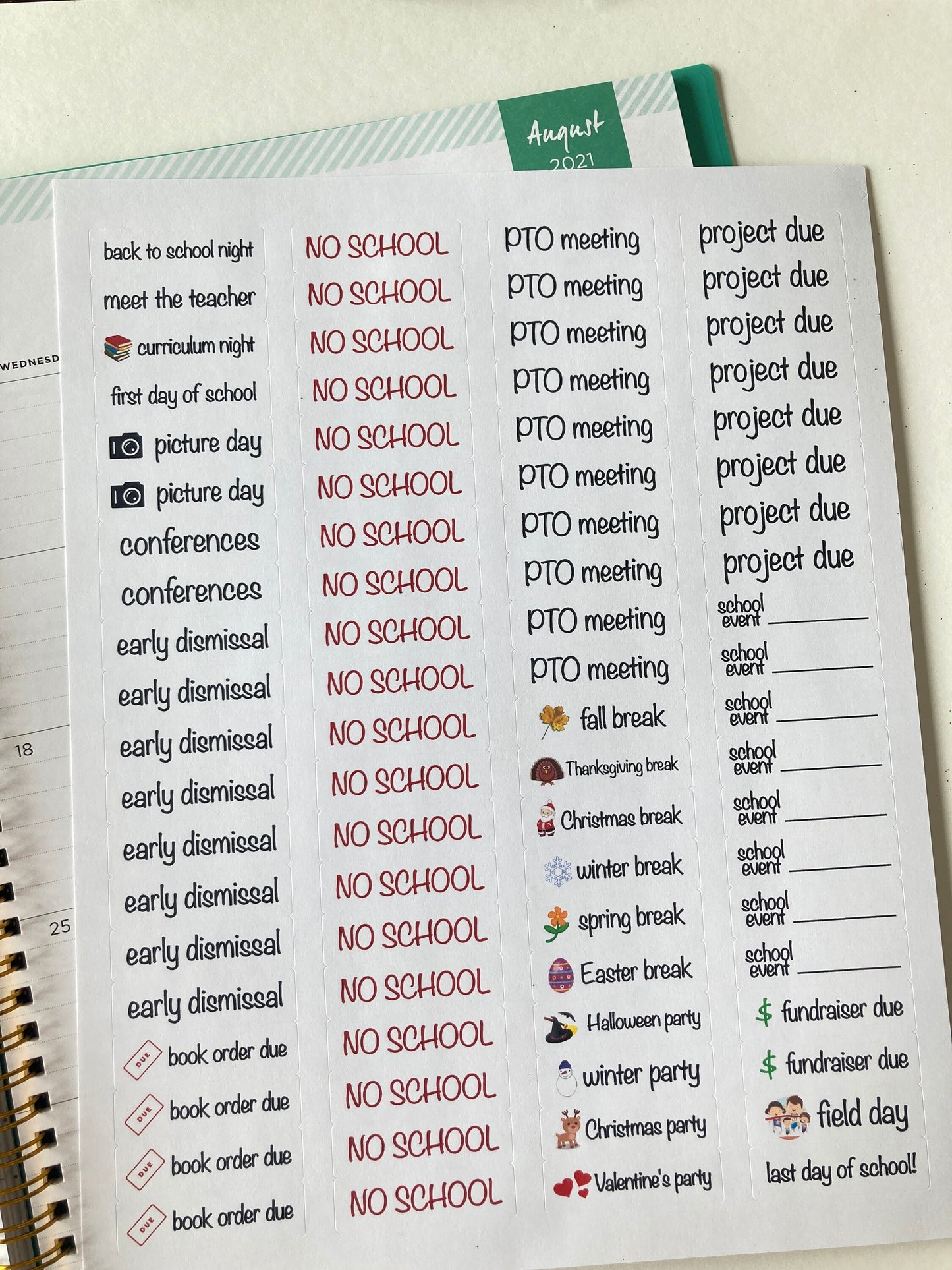 School calendar stickers, School year planner stickers, School events calendar stickers, School year planner stickers, Back to school