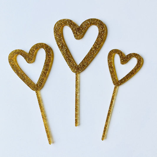 Heart acrylic cake topper, heart cake topper, Heart cake declarations, glitter heart topper, set of 3 hearts, gold heart cake topper