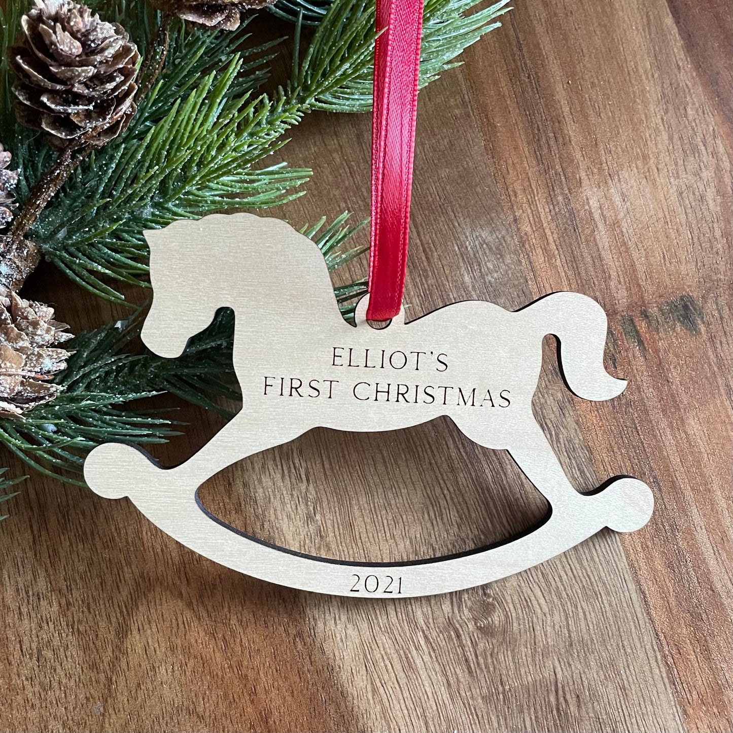 Rocking Horse Ornament, Baby’s first Christmas personalized ornament, babys first Christmas, wooden rocking horse ornament, babys first