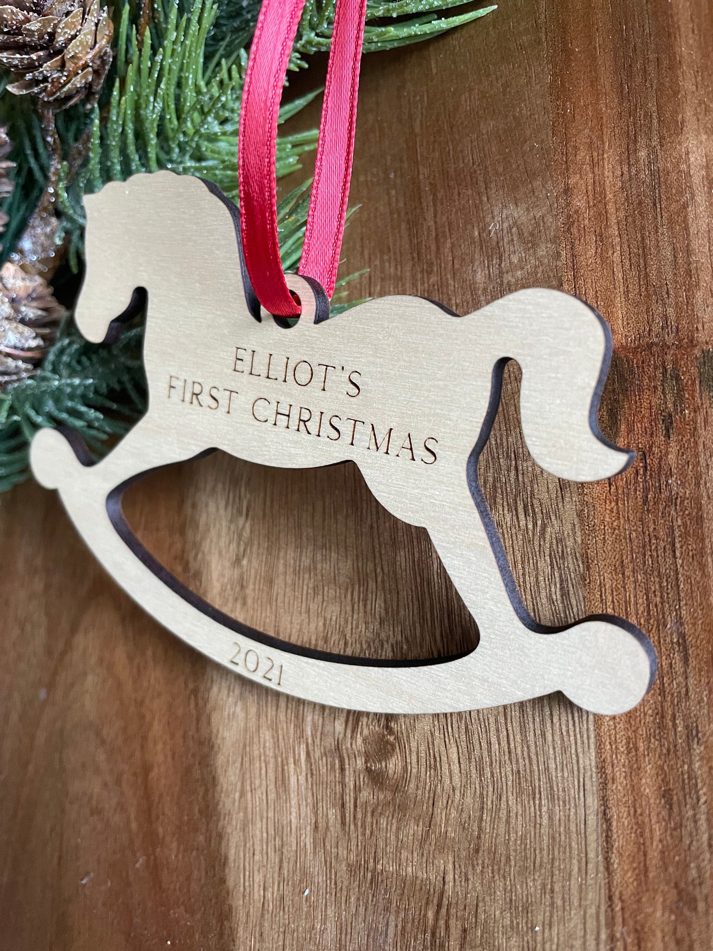 Rocking Horse Ornament, Baby’s first Christmas personalized ornament, babys first Christmas, wooden rocking horse ornament, babys first