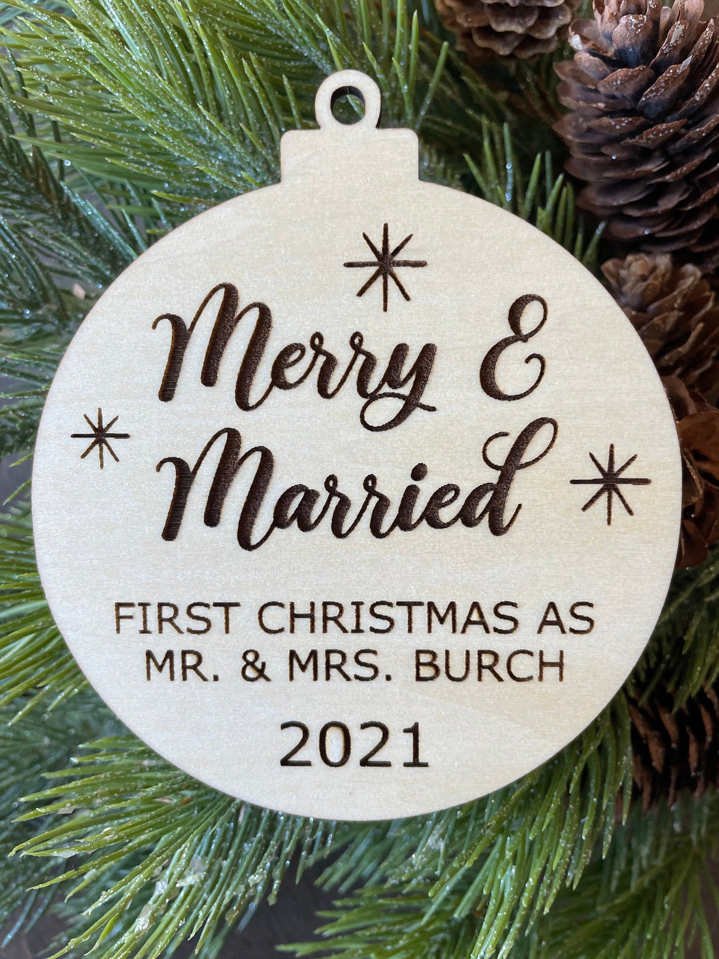 Merry and married ornament, first Christmas as mr and mrs ornament, merry and married, wooden merry and married ornament, Christmas gift