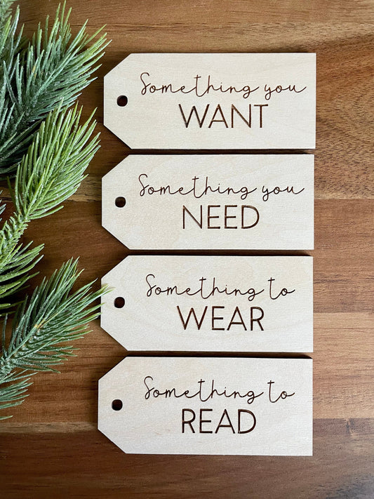 Want Need Wear Read Gift Tags, Engraved Gift Tags, Wooden Gift Tags, Something You Want Tag, Christmas Gift Ideas, 4 gift rule, Gift Tag