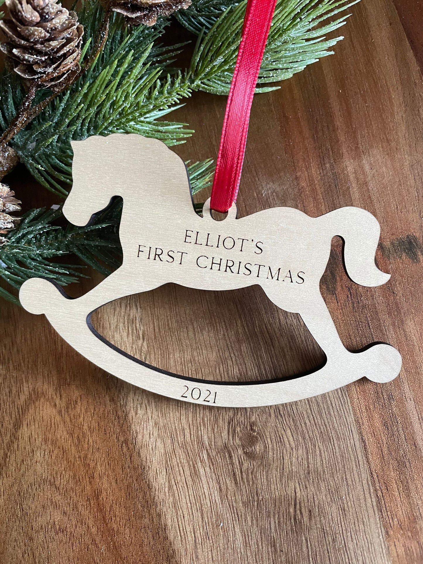 Rocking Horse Ornament, Baby’s first Christmas personalized ornament, babys first Christmas, wooden rocking horse ornament, babys first