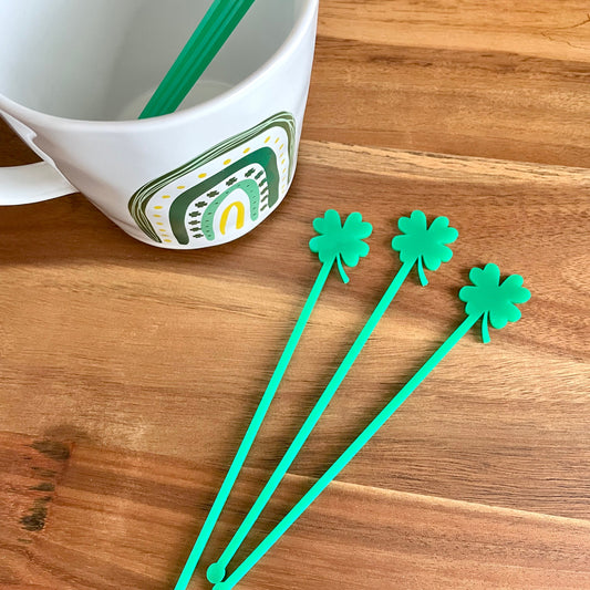 Shamrock Stir Sticks, St Patricks Day Stirrers, Set of 6,  St Patricks Stir Sticks, Shamrock Cocktail Stirrers, Shamrock Drink Stirrers