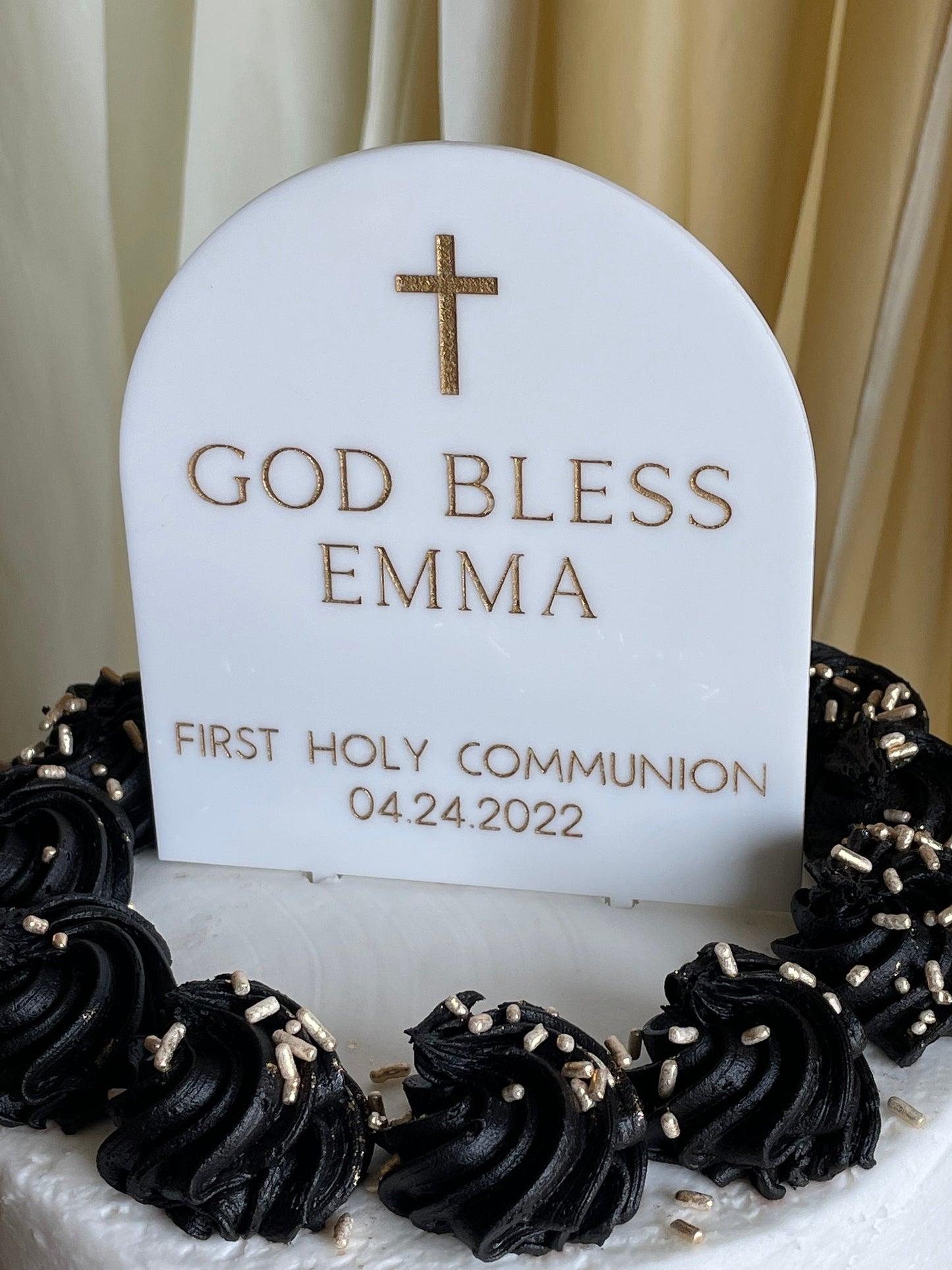 Personalized Acrylic Cake Topper, First Communion Cake Topper, Arch Cake Topper, God Bless Cake Topper, White and Gold Arch Topper