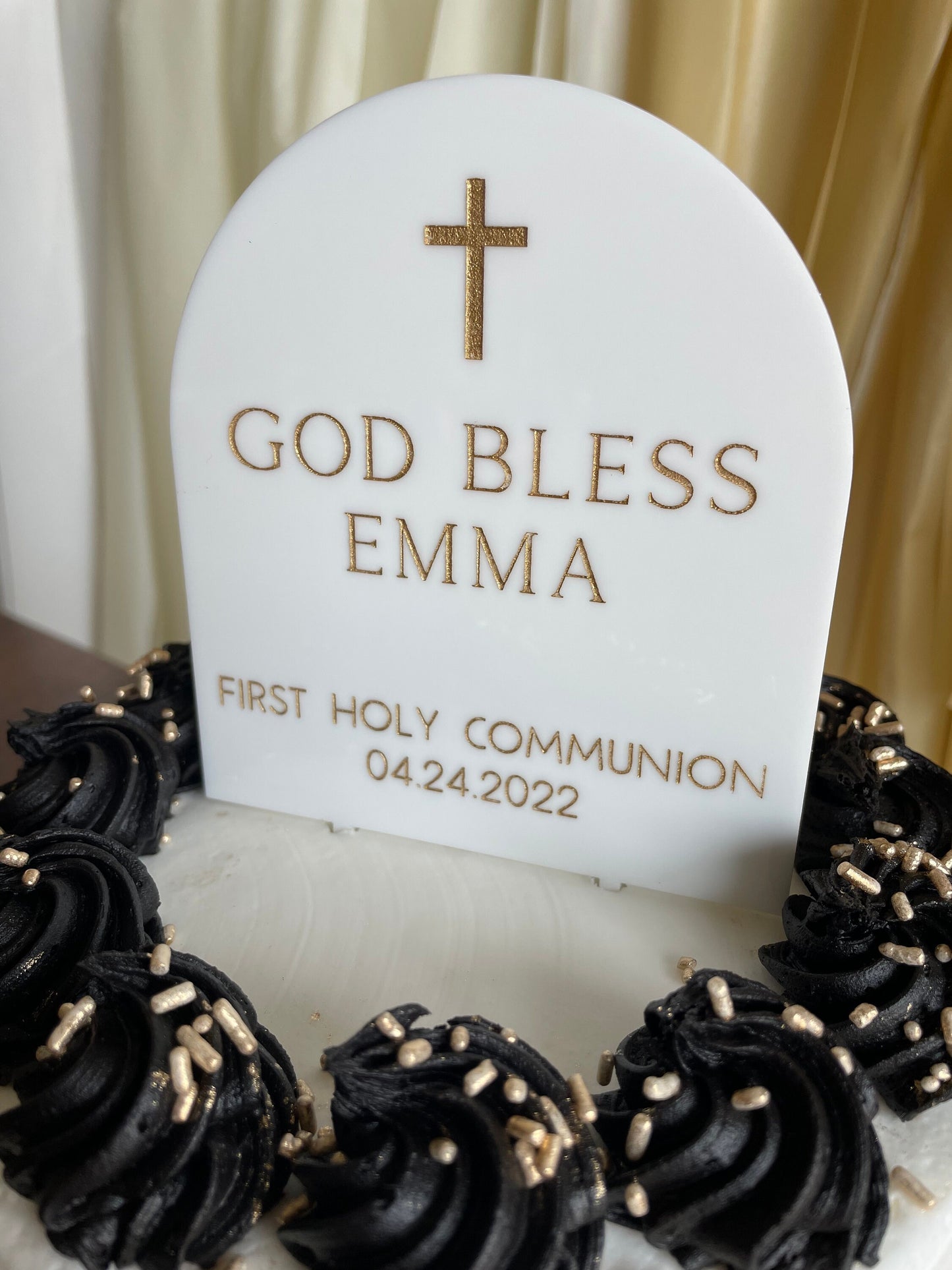 Personalized Acrylic Cake Topper, First Communion Cake Topper, Arch Cake Topper, God Bless Cake Topper, White and Gold Arch Topper