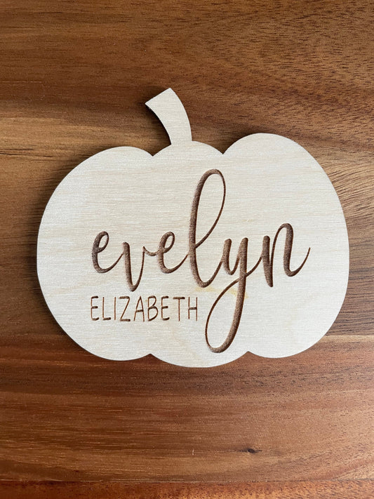 Pumpkin Baby Announcement, Wooden Baby Name Announcement, Wood Sign for Birth Reveal, Fall Baby Name Reveal Sign, Pumpkin Baby Name Sign